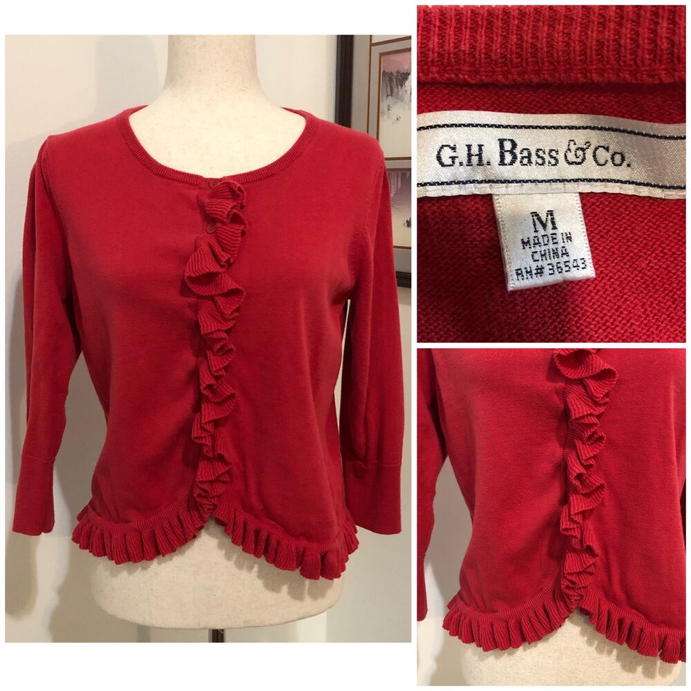 Y2K G.H. Bass & Co. Red Cardigan Sweater Women's Medium Ruffles Coquette Twee